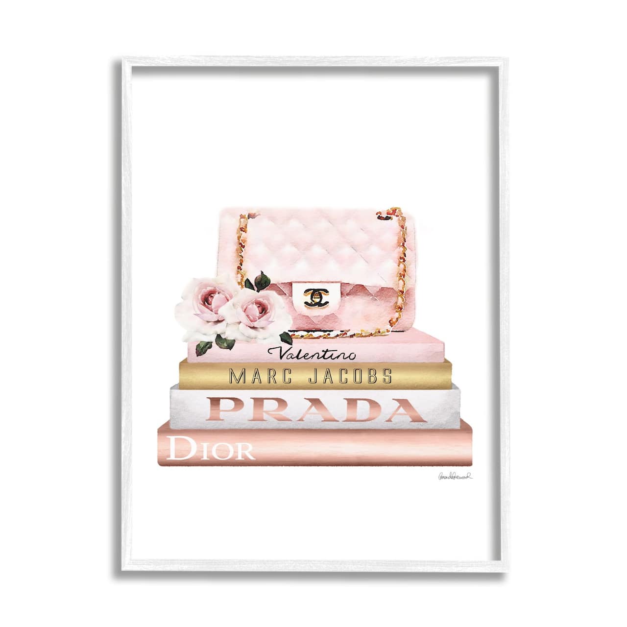 Stupell Industries Pink Purse Gold Bookstack Glam Fashion Watercolor Design Framed Wall Art